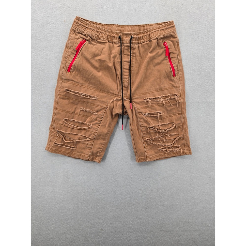 BKLYN Athletics Mens Shorts Large Brown Distressed Ripped Moto Streetwear Cotton